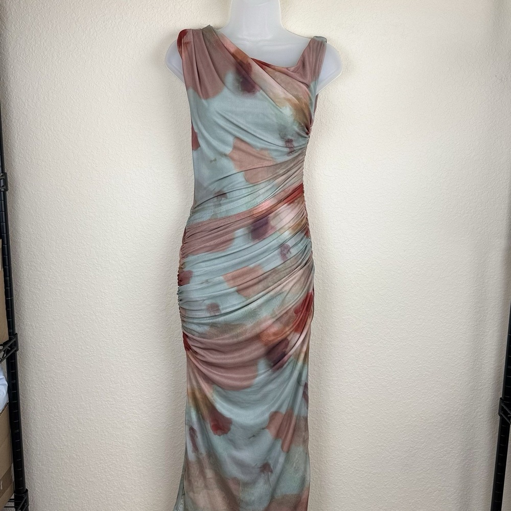 Fashion Nova Love Letters Mesh Overlay‎ Ruched Midi Dress Sz S Mint Forest Fairy